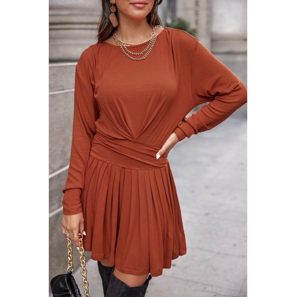 Cupshe Mini Dress Womens XL Burnt Orange Ribbed Twist Waist Pleated NEW